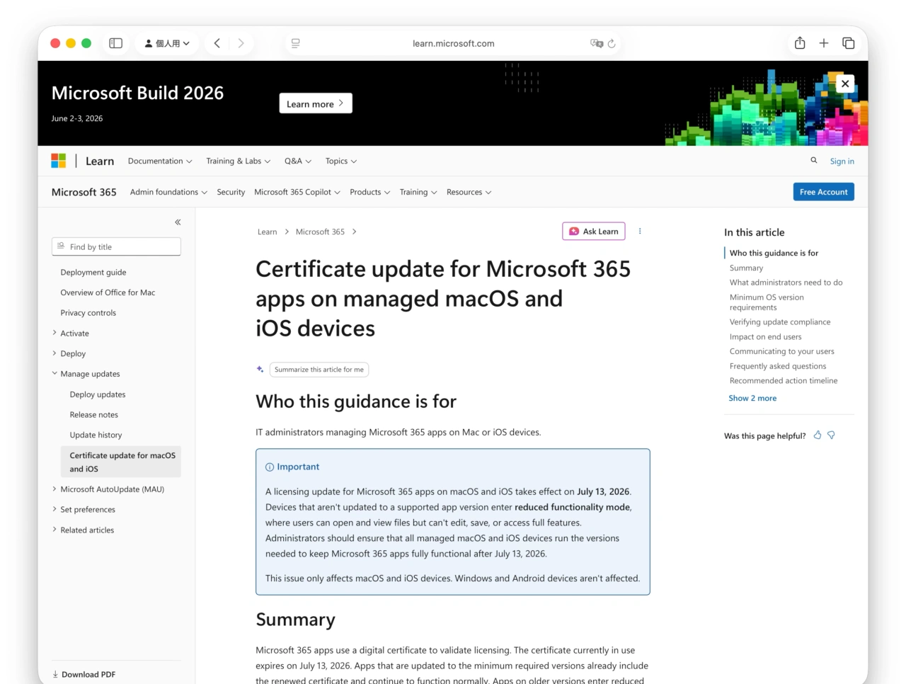 Certificate update for Microsoft 365 apps on managed macOS and iOS devices
