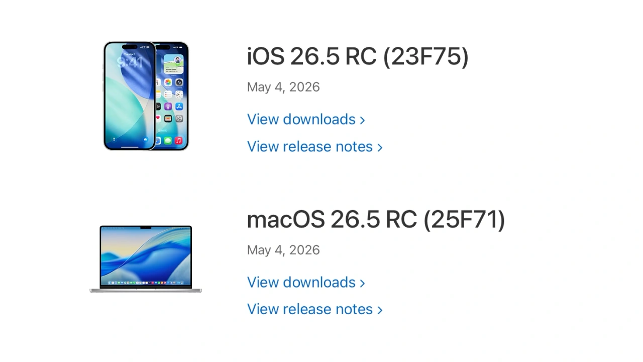 macOS 26.5, iOS/iPadOS 26.5 RC1
