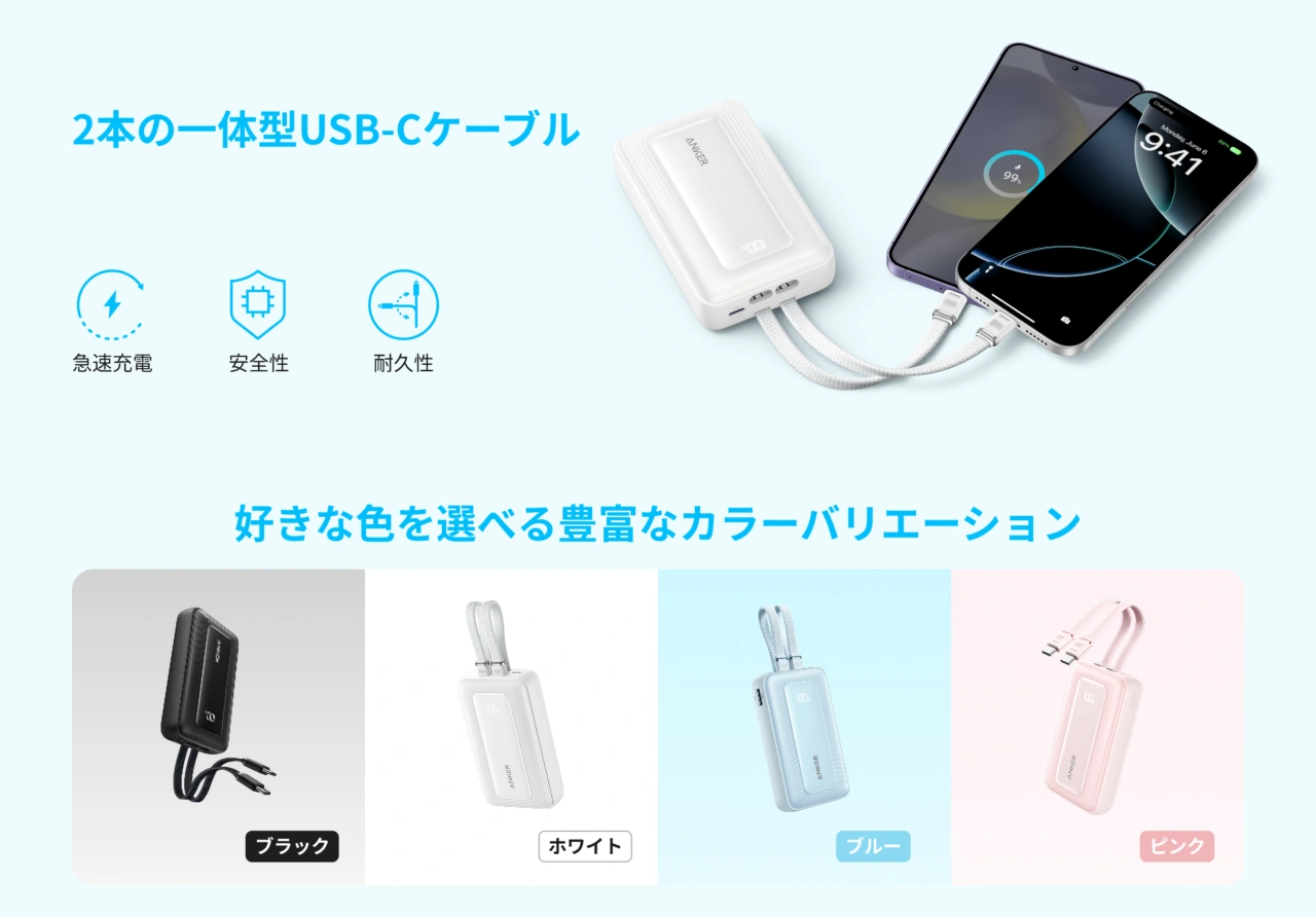 Anker Zolo Power Bank (20000mAh, 45W, Built-In Dual USB-Cケーブル)