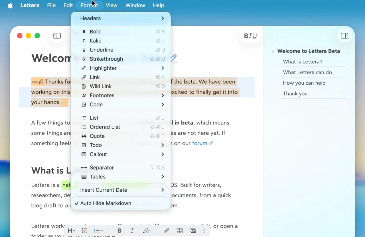 Lettera Markdown editor for macOS 