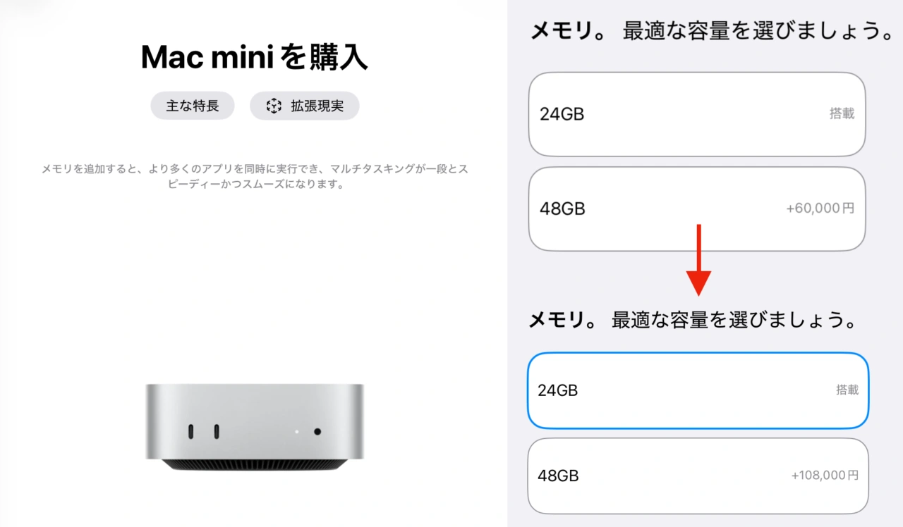 M4 Proチップ搭載Mac mini (2024)のメモリ価格
