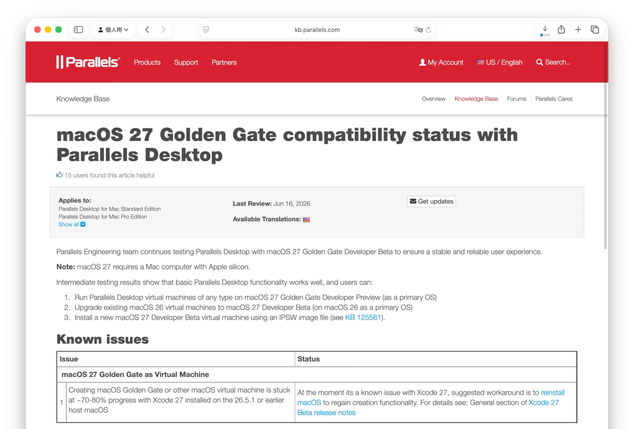 macOS 27 Golden GateとParallels