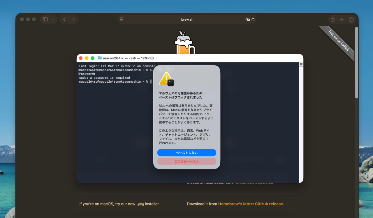 ターミナルにコマンドやスクリプトをペーストするのをブロックする