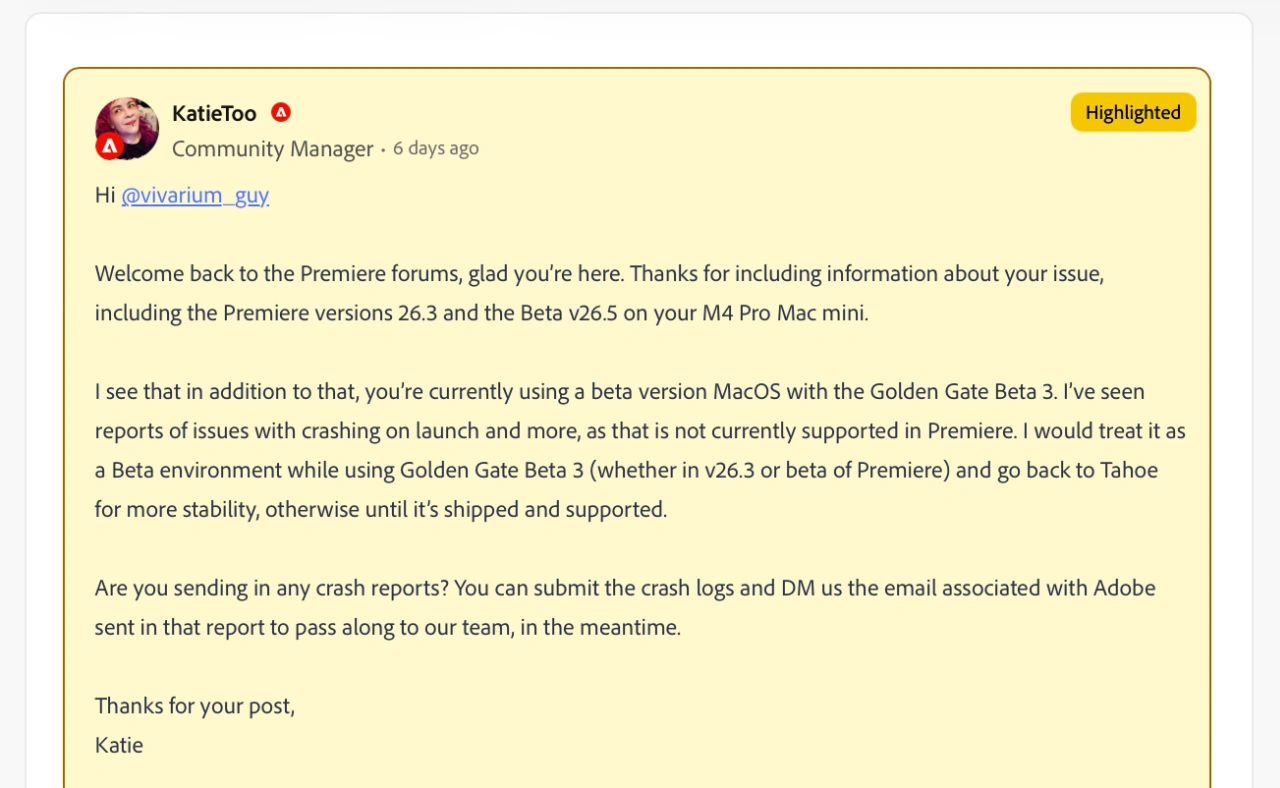 Premiere Pro 26.3 and Premiere Pro (Beta) 26.5 both crash in MacOS Golden Gate Beta 3.