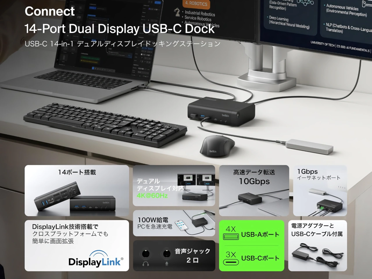 Belkin Connect ユニバーサル14ポートデュアルディスプレイUSB-Cドック