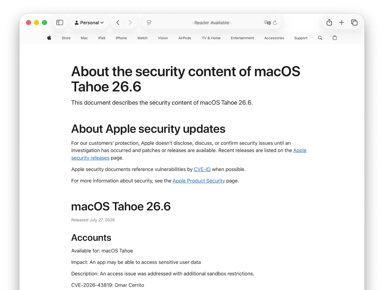 About the security content of macOS Tahoe 26.6