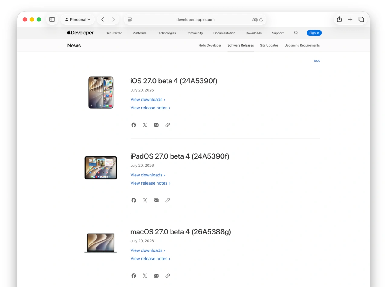 macOS 27とiOS/iPadOS 27