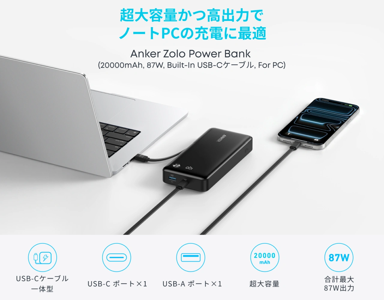 Anker Zolo Power Bank (20000mAh, 87W, Built-In USB-Cケーブル, For PC)