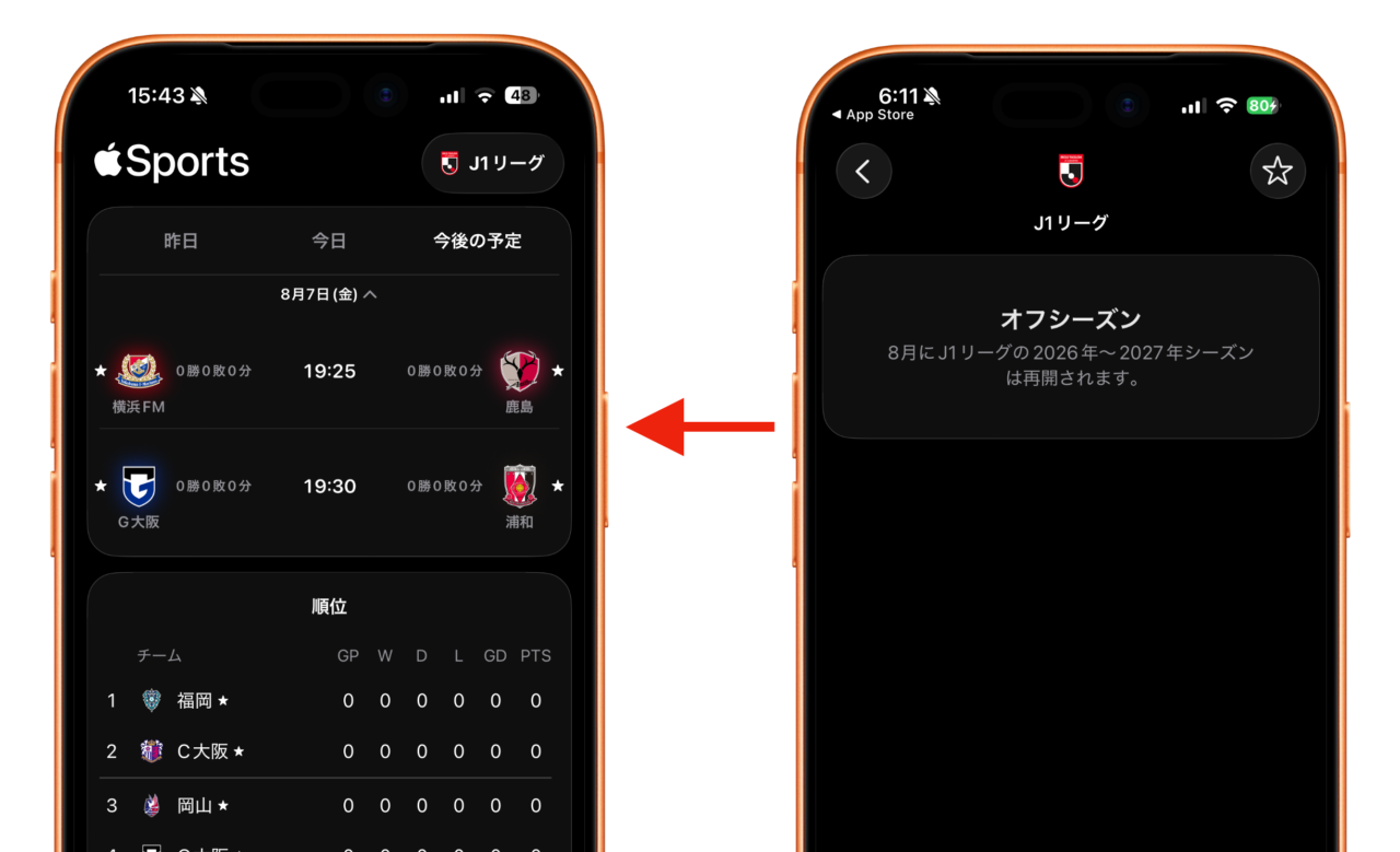 Apple Sports v4.2でJリーグがサポート