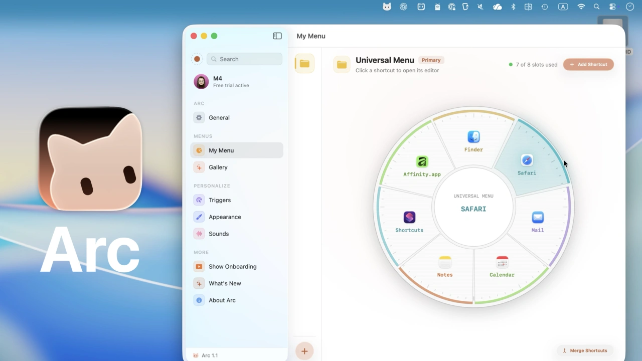 Arc for mac Radial Menu Shortcuts
