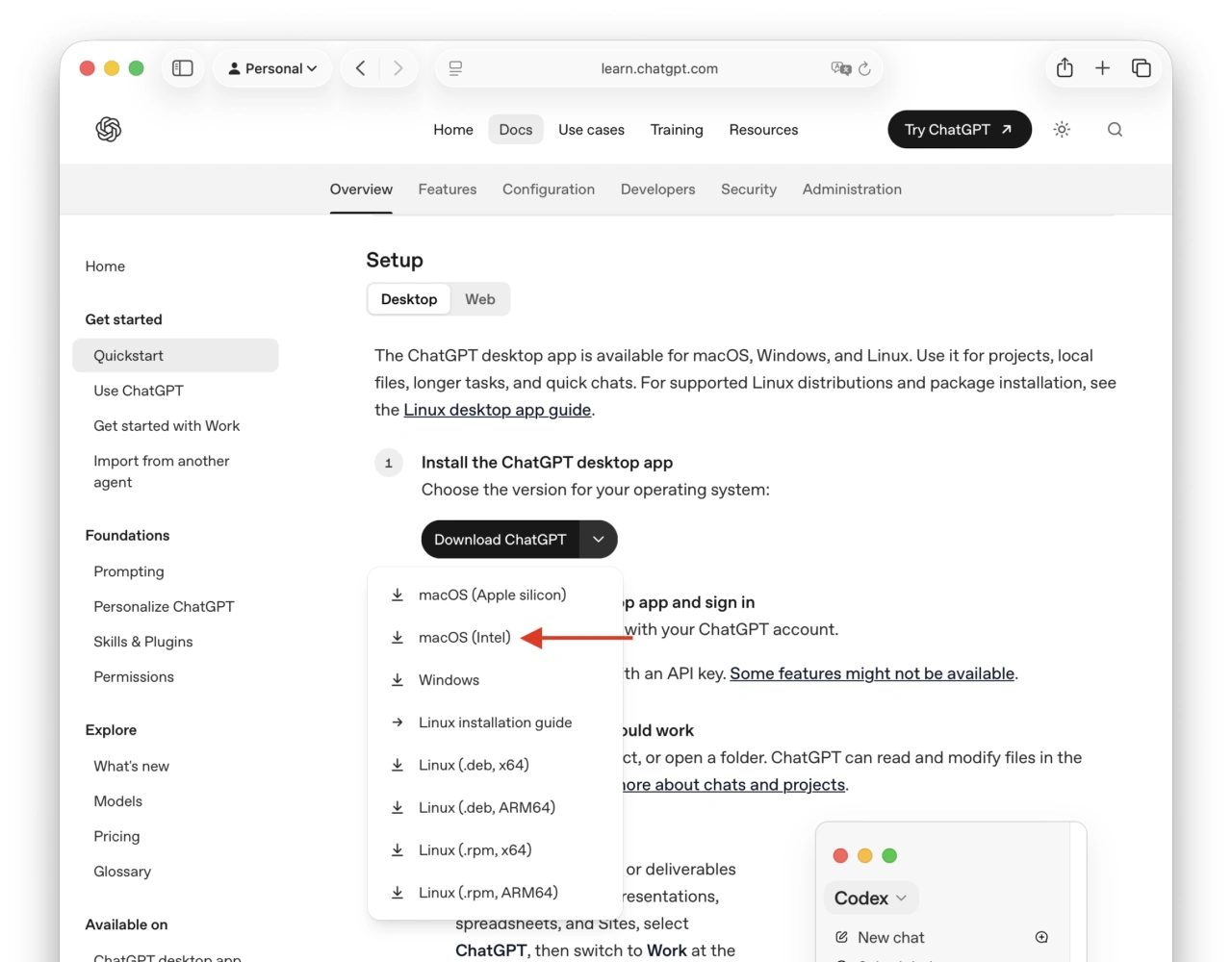 Intel Mac向けのChatGPTデスクトップアプリをダウンロード