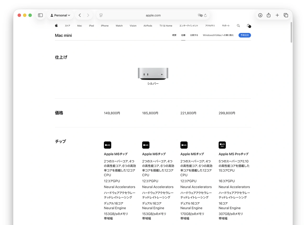 Mac mini (2026)の価格