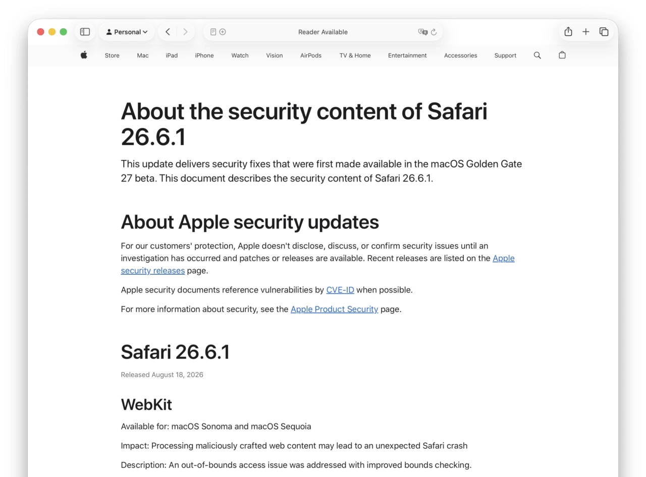 About the security content of Safari 26.6.1