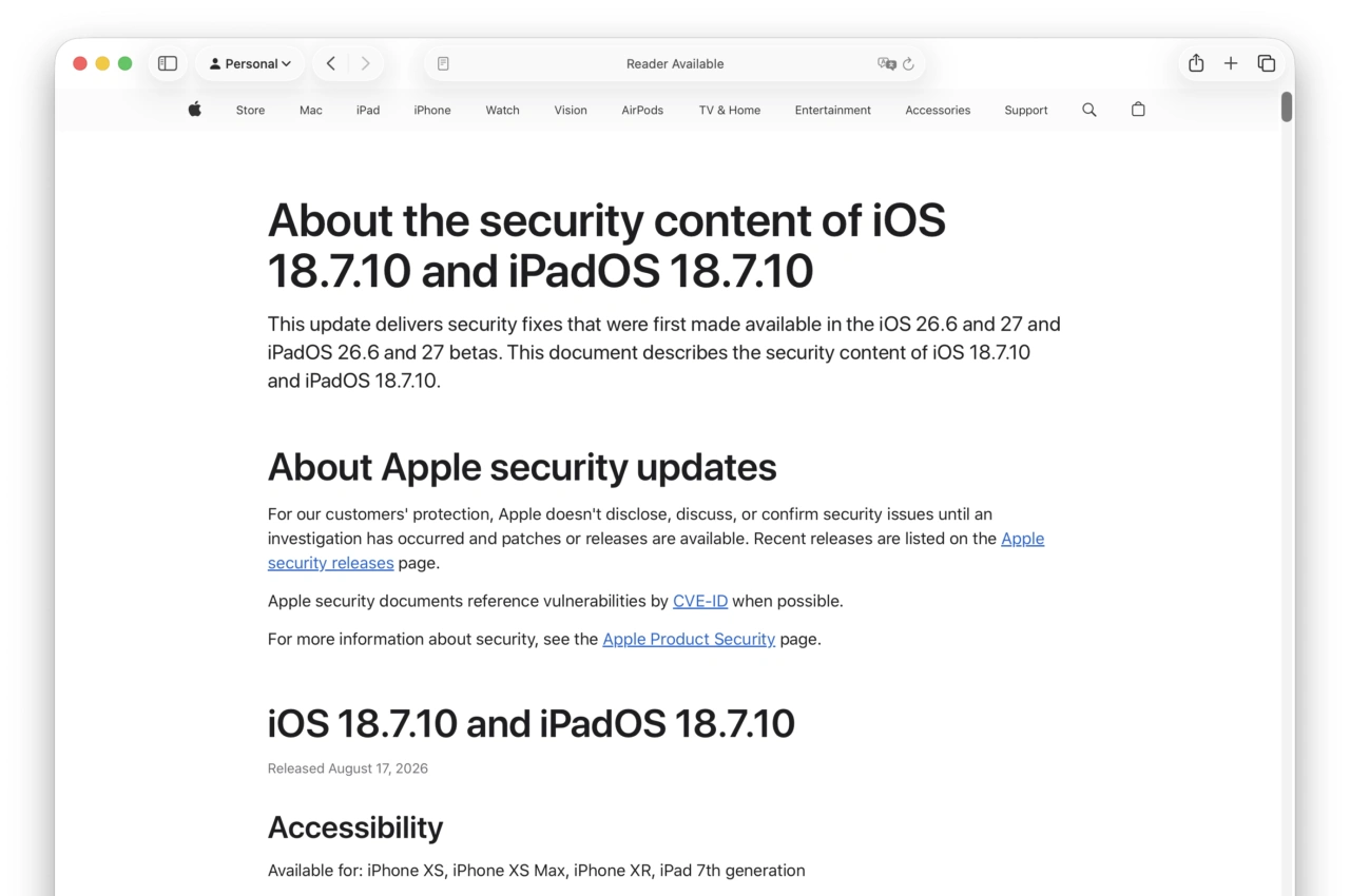 About the security content of iOS 18.7.10 and iPadOS 18.7.10