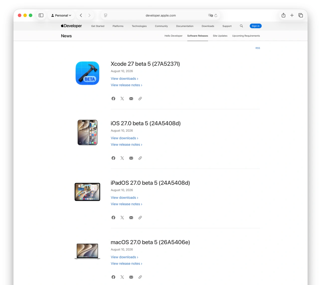 macOS 27 Golden GateやiOS/iPadOS 27のBeta 5