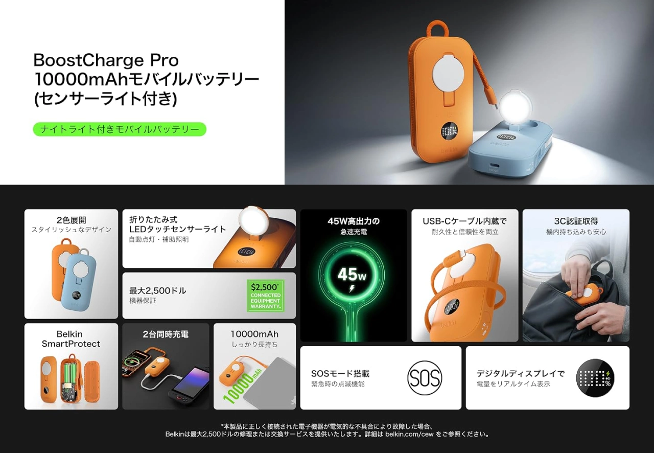 BoostCharge Pro ​モーションセンサーライト搭載 ​モバイルバッテリー 10,000mAh