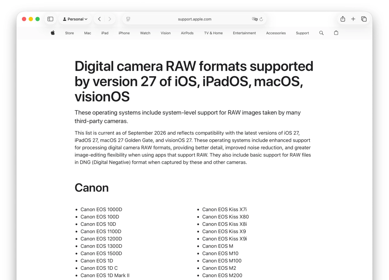 Digital camera RAW formats supported by Apple OS 27