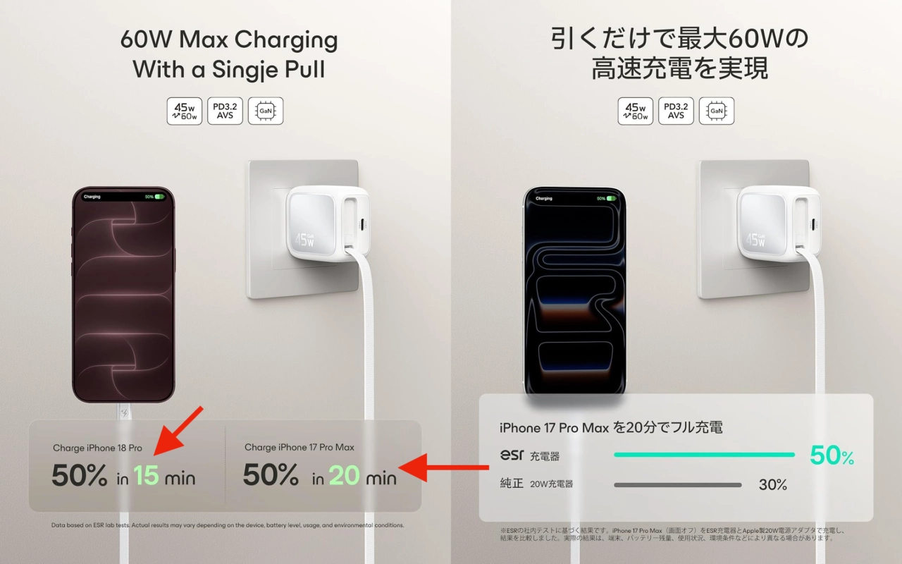 ESR Xtend 45W巻き取り式充電器