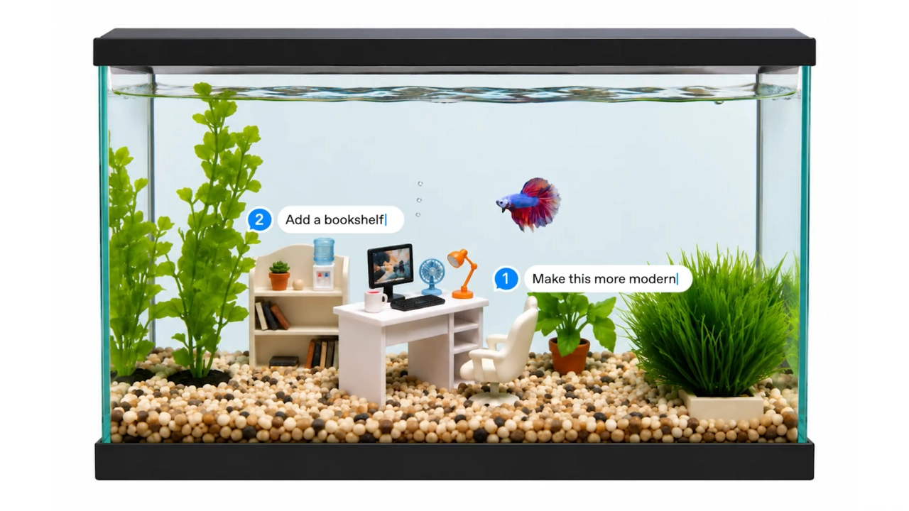 水槽の中に魚用のホームオフィスを描いて。