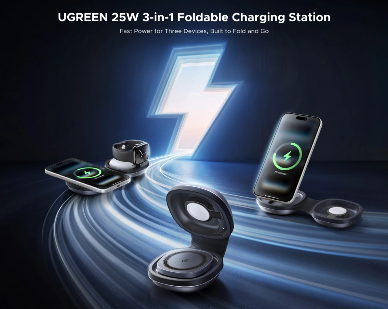 UGREEN MagFlow (3-in-1,25W) 折りたたみ式 ワイヤレス充電器