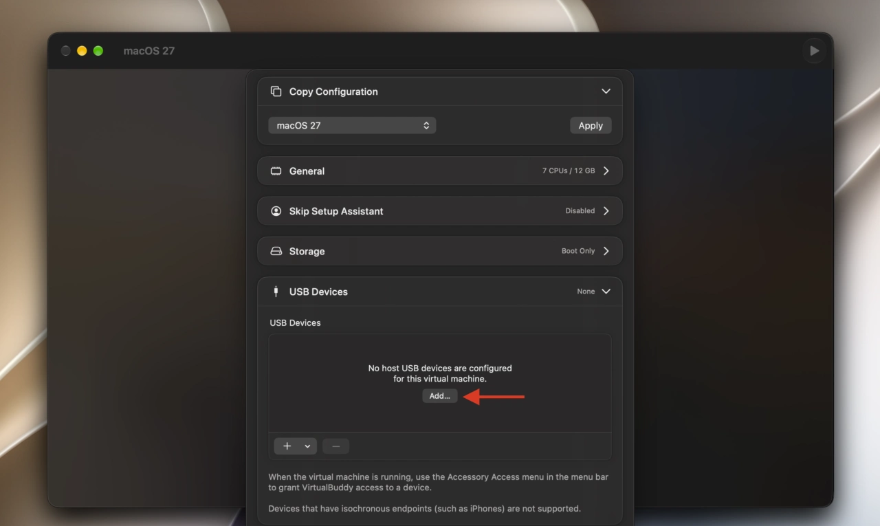 VirtualBuddyでUSBパススルー接続を行う方法