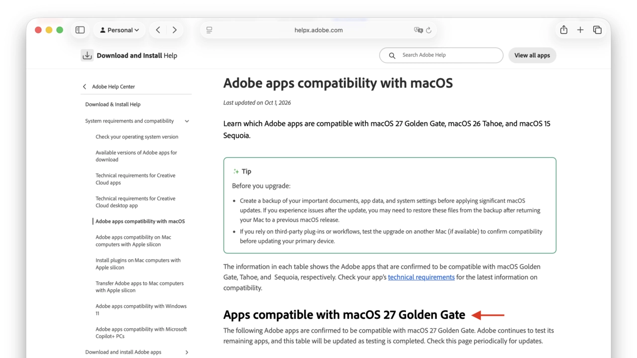 Adobe apps compatibility with macOS 27 Golden Gate