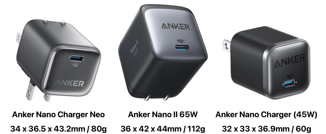 Anker Nano Chargerシリーズのサイズと重さ