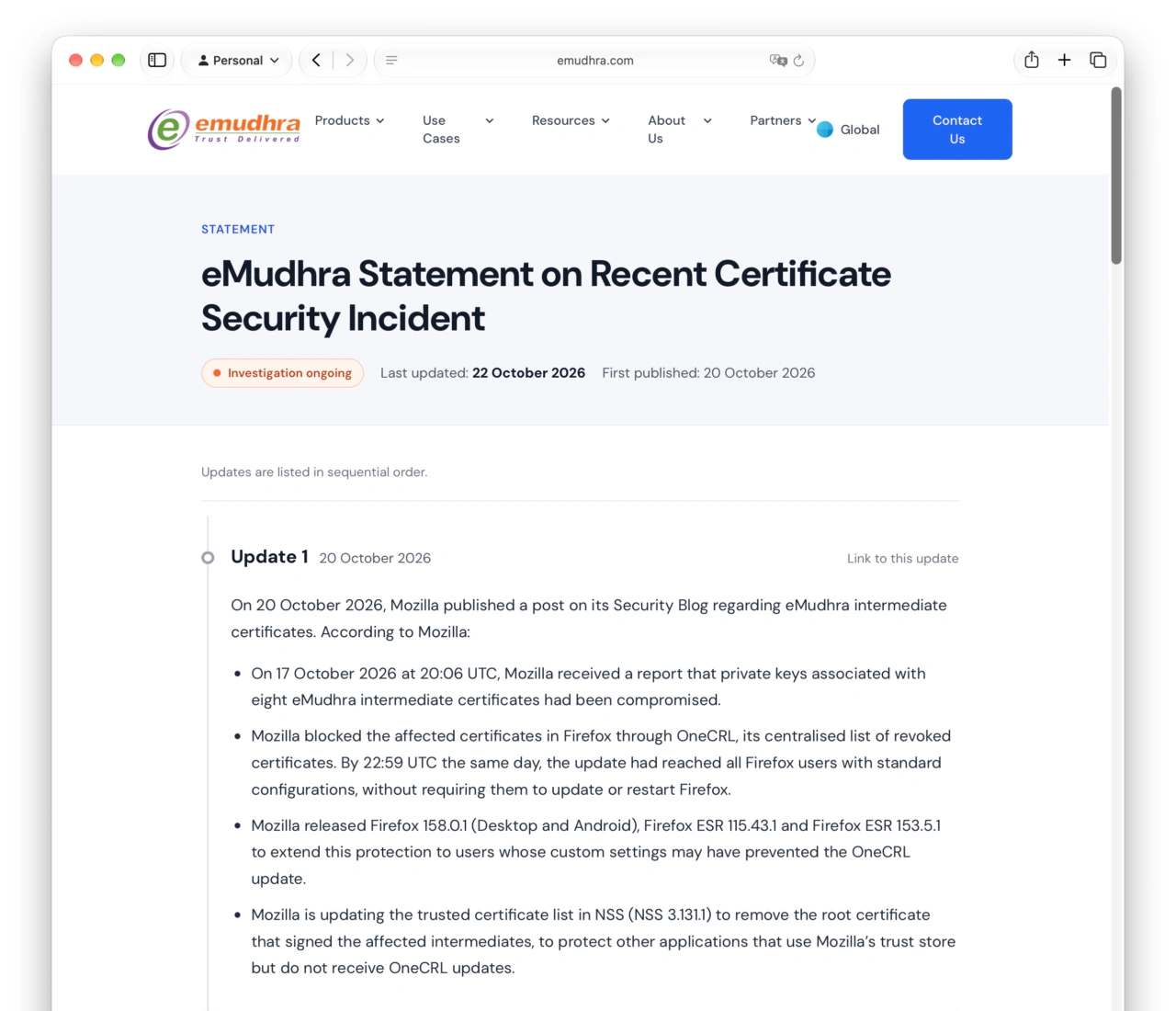 eMudhra Statement on Recent Certificate Security Incident