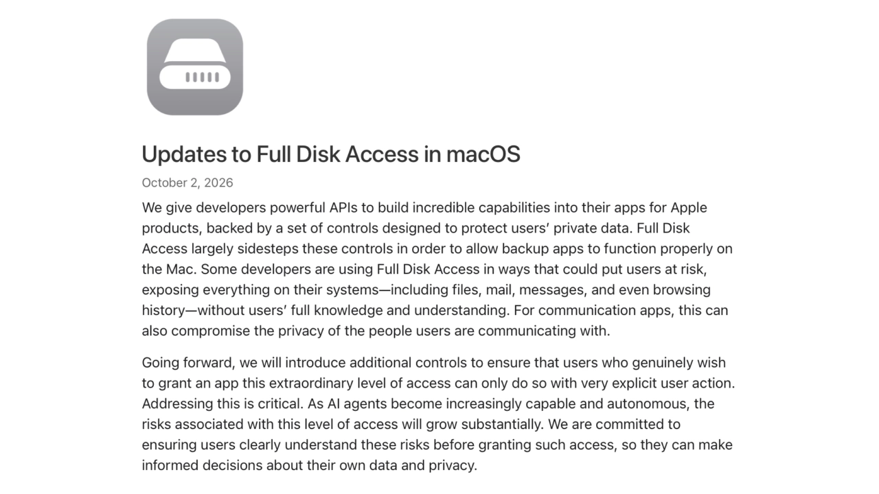 Apple to Tighten Full Disk Access on macOS as AI Agents