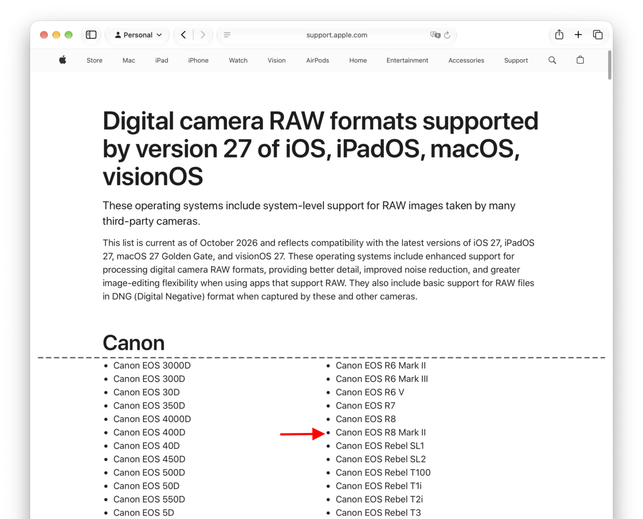 Digital camera RAW formats supported by version 27 of iOS, iPadOS, macOS, visionOS