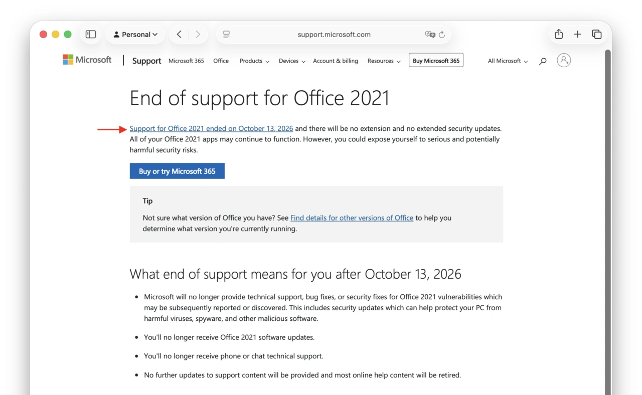End of support for Office 2021