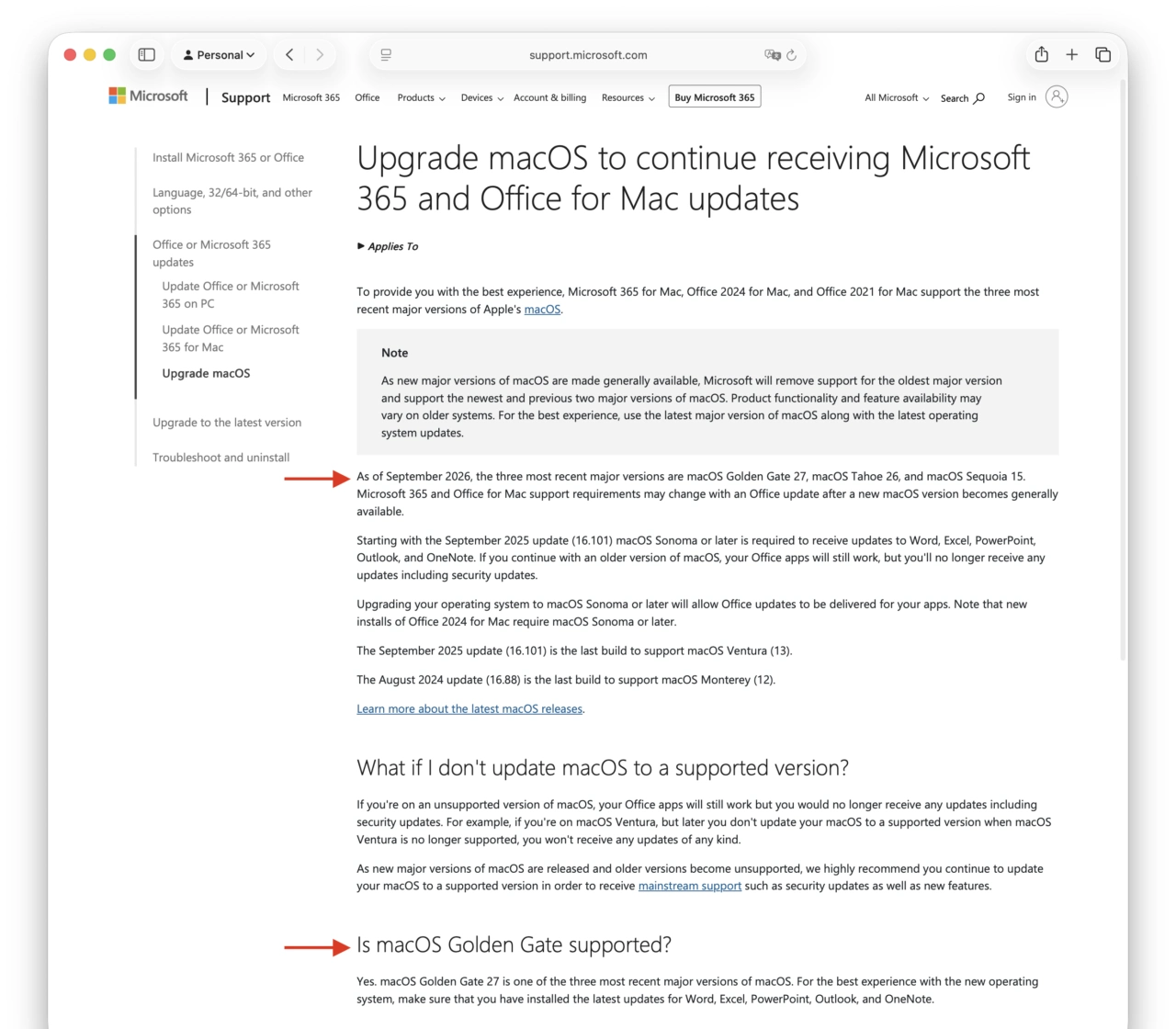 Microsoft 365 support macOS 27 Golden Gate