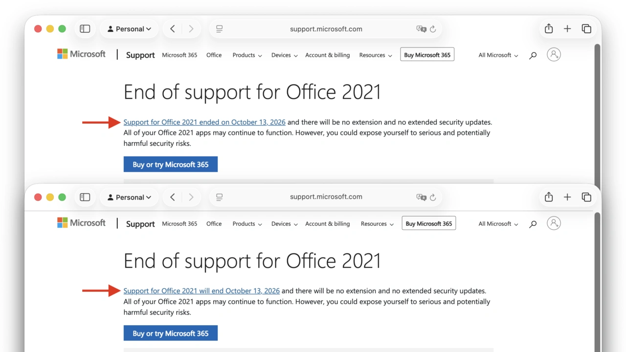 End of support for Office 2021