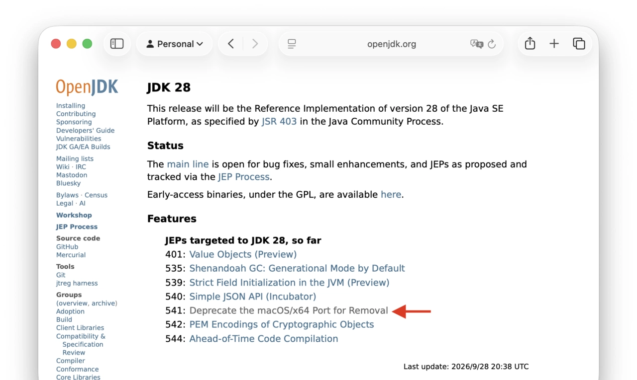 JEP 541: Deprecate the macOS/x64 Port for Removal