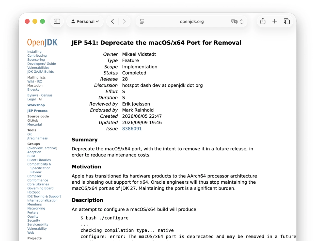 JEP 541: Deprecate the macOS/x64 Port for Removal