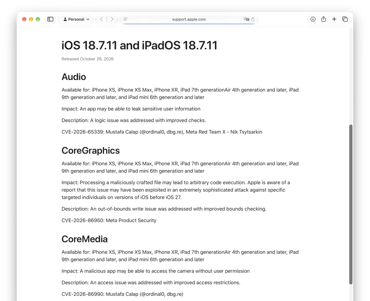 About the security content of iOS 18.7.11 and iPadOS 18.7.11