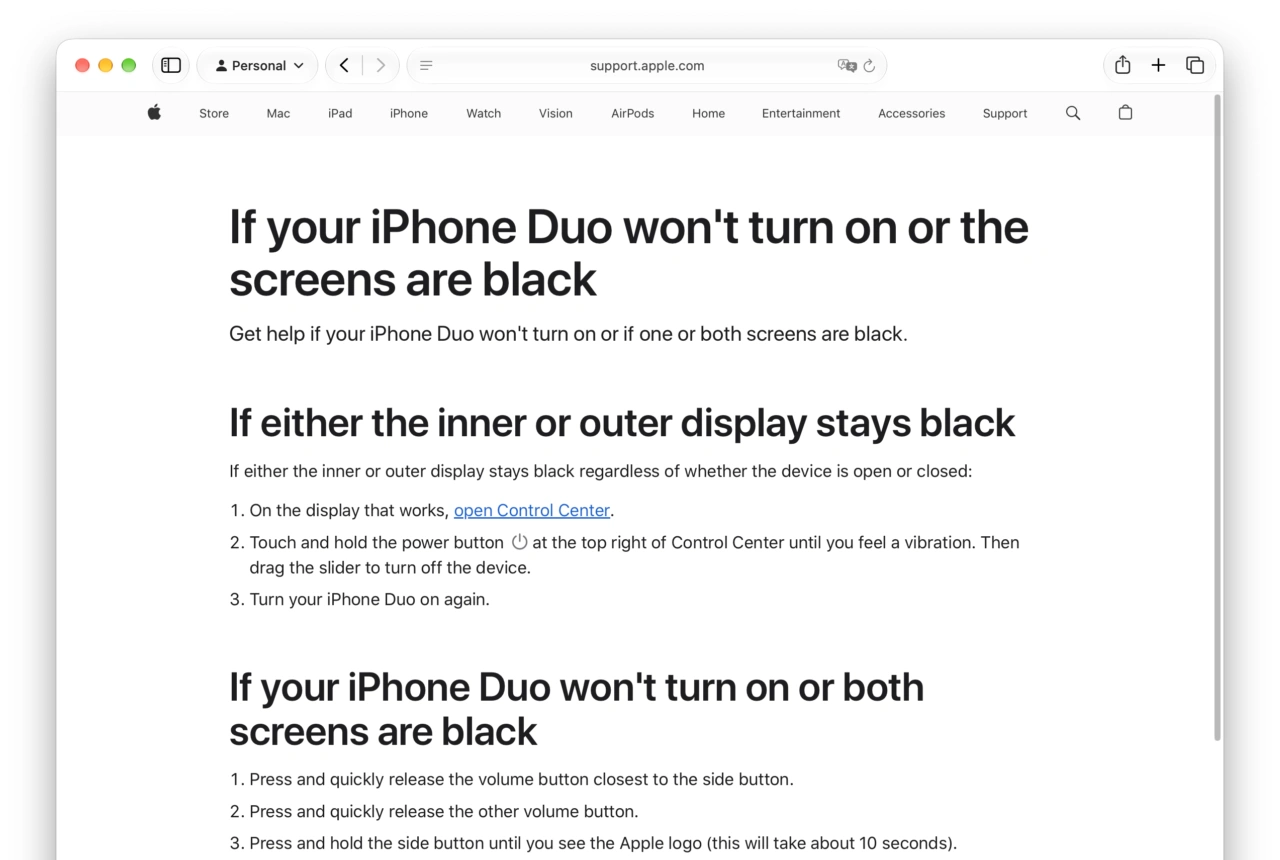 If your iPhone Duo won’t turn on or the screens are black